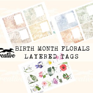 May include: A set of printable layered tags featuring floral illustrations for each month of the year. The tags have a vintage, distressed look and are perfect for scrapbooking, journaling, or card making.