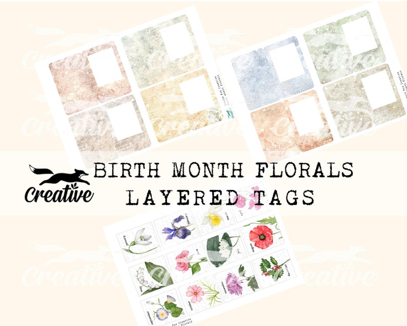 May include: A set of printable layered tags featuring floral illustrations for each month of the year. The tags have a vintage, distressed look and are perfect for scrapbooking, journaling, or card making.