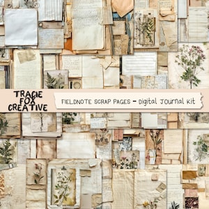 May include: A collage of vintage paper ephemera, including lined and blank pages, with botanical elements. The image features the text "TRACIE FOX CREATIVE" and "FIELDNOTE SCRAP PAGES - digital journal kit". The papers have a distressed, aged appearance.