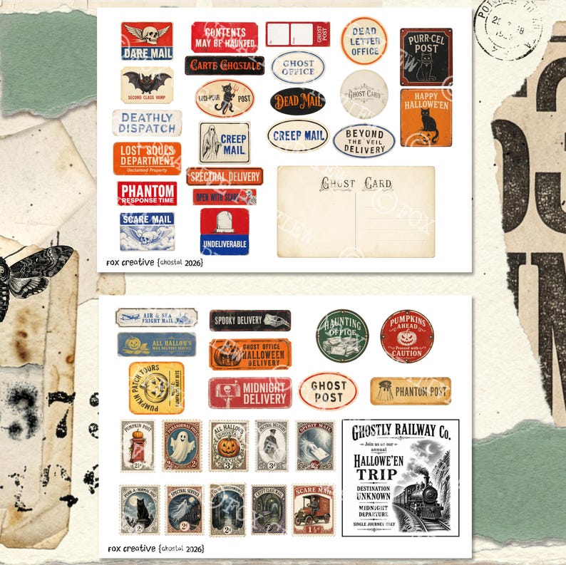 May include: A collection of rectangular and oval stickers featuring vintage-style Halloween and ghost-themed postal designs. The set includes various labels with text like Dare Mail, Dead Letter Office, and Ghost Card, alongside illustrations of bats, cats, and trains.