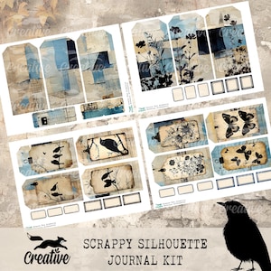 May include: A digital scrapbooking kit with a blue and brown color scheme featuring silhouettes of birds and flowers. The kit includes tags, labels, and other decorative elements. "Scrappy Silhouette Journal Kit" is printed on the bottom of the image.