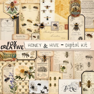 May include: A digital kit titled Honey & Hive featuring a collection of vintage-style ephemera, including illustrations of various bee species, botanical drawings, honey labels, postage stamps, and aged paper textures with handwritten script.