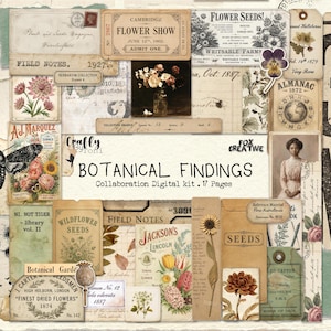 Może przedstawiać: Cyfrowy zestaw do kolażu zatytułowany Botanical Findings od Crafty by Toni i Fox Creative, zawierający 17 stron efemerycznych materiałów w stylu vintage, w tym torebki na nasiona, notatki terenowe, ilustracje kwiatowe, bilety i portret.