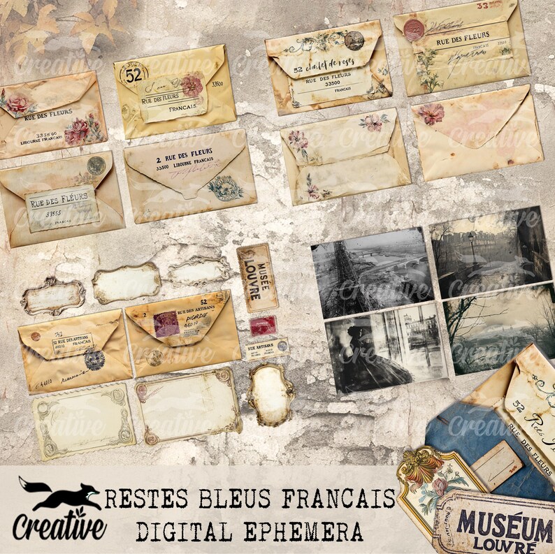 May include: A digital paper pack with vintage French-themed elements, including envelopes, stamps, labels, and photographs. The pack features a blue and white color scheme with text in French.