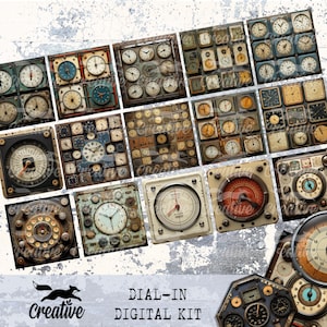May include: A digital kit featuring 16 vintage-style clock and dial images. The images are in various shades of brown, blue, and white. The kit is called "Dial-In Digital Kit".