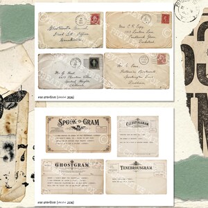 May include: A collection of vintage-style paper ephemera featuring four aged envelopes with handwritten addresses and postage stamps, alongside four telegram-style documents titled Spook-o-Gram, Celestialgram, Ghostgram, and Tenebrousgram.