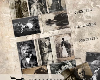Könnte beinhalten: Eine Collage aus Vintage-Fotos mit Halloween-Thema. Die Bilder zeigen Porträts von Menschen und Tieren mit einer gruseligen und unheimlichen Ästhetik. Der Text "Keep Creeping Halloween Portraits" ist am unteren Rand der Collage zu sehen.