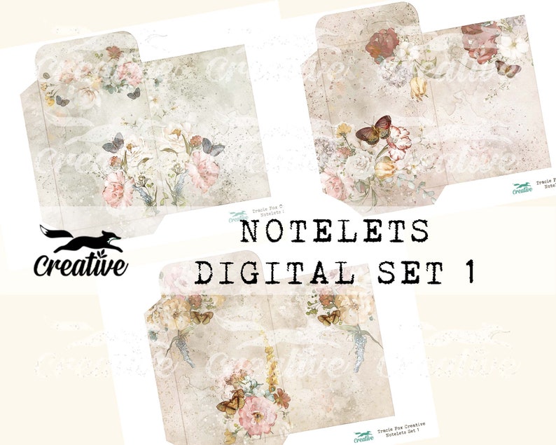 May include: A set of four digital notelets with a vintage floral design. The notelets feature butterflies, flowers, and a distressed background. The text "Notelets Digital Set 1" is printed on the image.