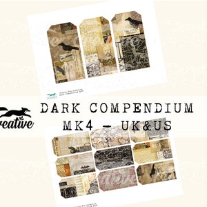 May include: A set of 10 printable digital collage sheets with a dark, vintage aesthetic. The sheets feature images of birds, maps, and other ephemera. The text "DARK COMPENDIUM MK4 - UK & US" is printed on the sheet.