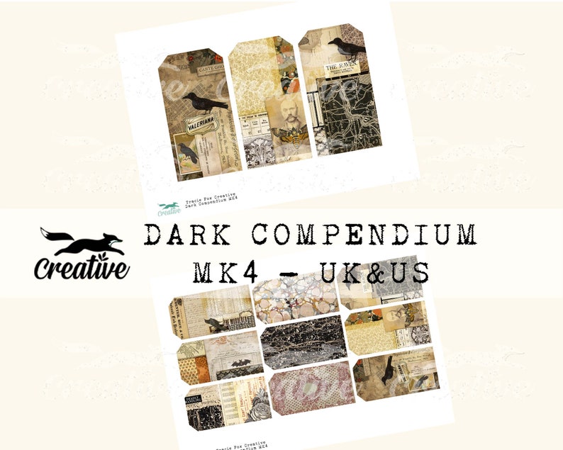 May include: A set of 10 printable digital collage sheets with a dark, vintage aesthetic. The sheets feature images of birds, maps, and other ephemera. The text "DARK COMPENDIUM MK4 - UK & US" is printed on the sheet.
