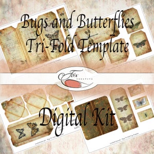 Modelos de etiquetas digitais com três dobras em formato de borboleta. Kit de diário digital. DIGI19 87