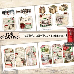 May include: A collection of Christmas-themed ephemera, including tags, envelopes, and gift boxes. The designs feature vintage imagery, poinsettias, and the text "DEC 25 POSTAGE". The words "FOX CREATIVE" and "FESTIVE DISPATCH - ephemera kit" are also visible.