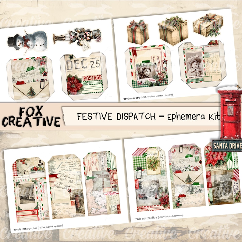 May include: A collection of Christmas-themed ephemera, including tags, envelopes, and gift boxes. The designs feature vintage imagery, poinsettias, and the text "DEC 25 POSTAGE". The words "FOX CREATIVE" and "FESTIVE DISPATCH - ephemera kit" are also visible.