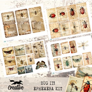 以下が含まれることがあります： ビンテージスタイルの虫や昆虫の画像が収録されたデジタルスクラップブッキングキット。キットには、蝶、トンボ、カブトムシ、蜂、テントウムシの画像が含まれています。画像は赤、青、緑、黄、黒など、さまざまな色で構成されています。キットのタイトルは「Bug It! Ephemera Kit」です。