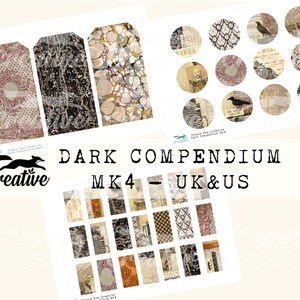 May include: A digital download of printable digital papers and ephemera for scrapbooking and crafting. The papers feature a dark, vintage aesthetic with a variety of textures and patterns. The title of the collection is "Dark Compendium MK4 - UK & US".
