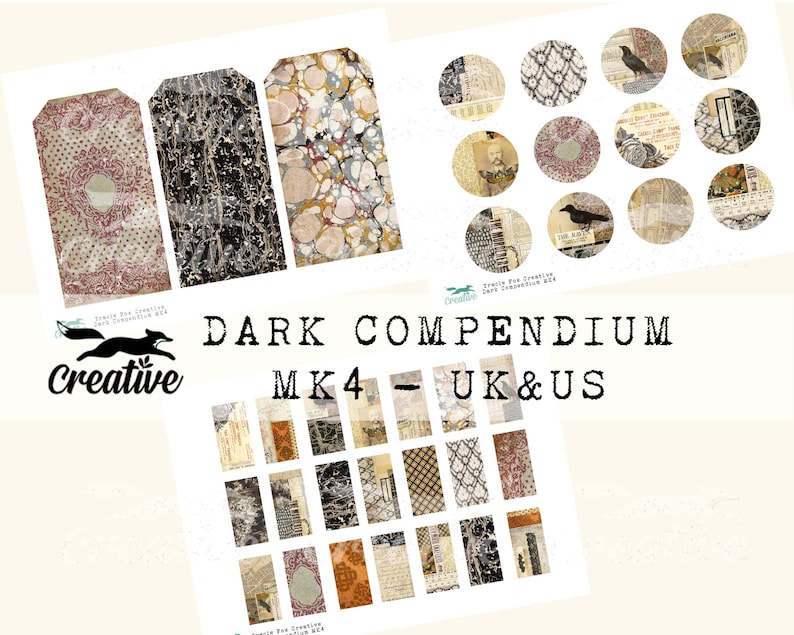 May include: A digital download of printable digital papers and ephemera for scrapbooking and crafting. The papers feature a dark, vintage aesthetic with a variety of textures and patterns. The title of the collection is "Dark Compendium MK4 - UK & US".