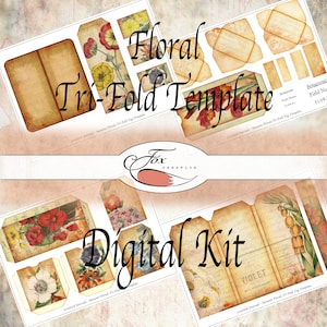 Modelos de etiquetas digitais florais com três dobras. Kit de diário digital. DIGI19 71