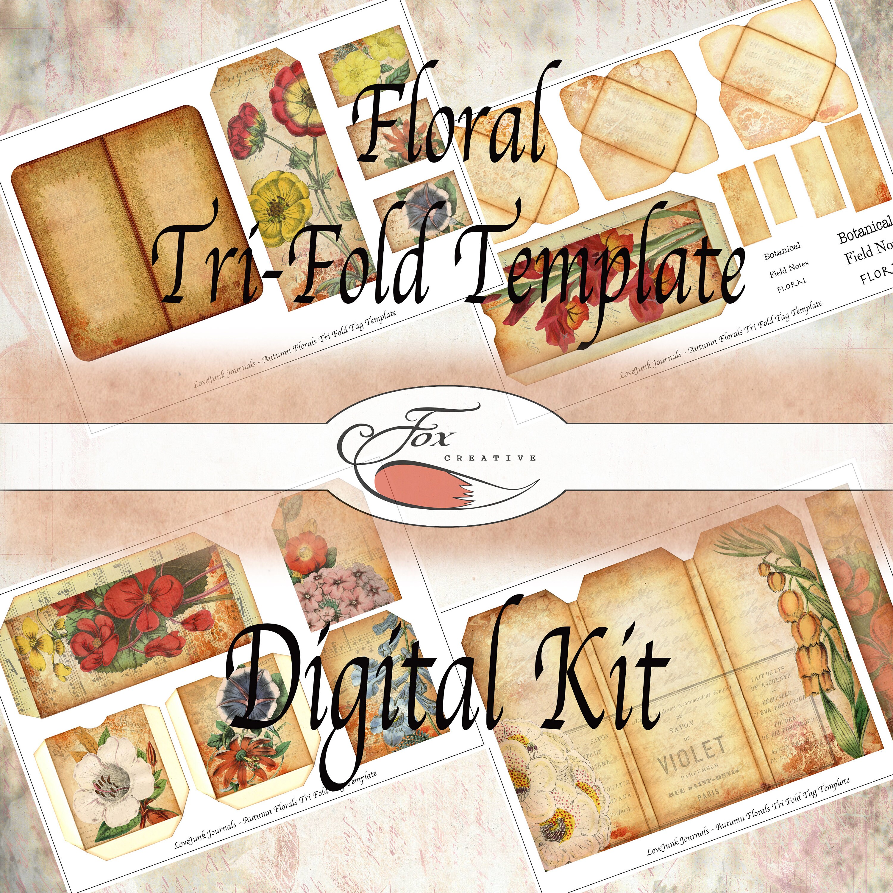 Floral Digital Trifold Tag Templates. Digital Journal Kit. DIGI19 71