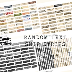 May include: A digital collage sheet featuring vintage-style text snippets in black and white and sepia tones. The sheet includes words such as "Zoology", "Do Not Drop", "Excursion", "Admission", "Parasols", and "Roma". The sheet is labelled "Random Text Snip Strips".