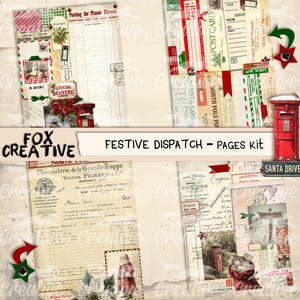 May include: A collage of vintage-style Christmas-themed ephemera. Includes postcards, receipts, and postage stamps with festive imagery. The text "FESTIVE DISPATCH - PAGES kit" is displayed. A red mailbox is also visible.