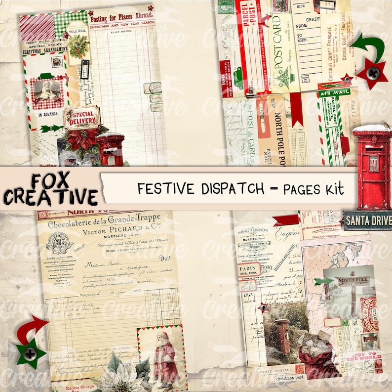 May include: A collage of vintage-style Christmas-themed ephemera. Includes postcards, receipts, and postage stamps with festive imagery. The text "FESTIVE DISPATCH - PAGES kit" is displayed. A red mailbox is also visible.