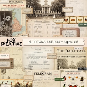 May include: A digital kit featuring vintage-style ephemera including museum documents, telegrams, newspaper clippings, maps, and illustrations of fossils, insects, and butterflies. The collection displays aged paper textures, typography, and historical imagery.
