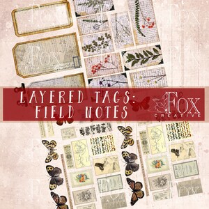 Może przedstawiać: Warstwowe etykiety w stylu vintage z ilustracjami botanicznymi i motylami. Etykiety są oznaczone jako "Layered Tags: Field Notes" i "Fox Creative".