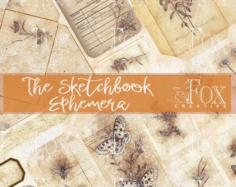 Può includere: Una collezione di ephemera in stile vintage con farfalle, fiori e illustrazioni botaniche. L'ephemera è stampata su carta invecchiata con un aspetto usurato e testurizzato. Il testo "The Sketchbook Ephemera" è stampato in marrone su uno sfondo arancione chiaro.