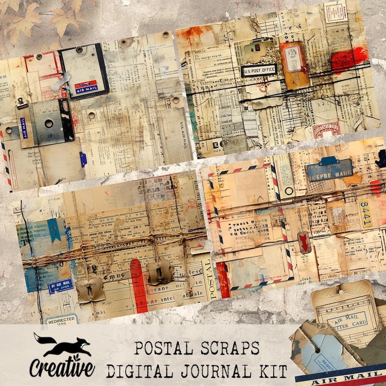 May include: A digital journal kit with a vintage postal theme. The kit includes four digital papers with a collage of old mail, stamps, and envelopes. The papers are in shades of brown, beige, and blue. The kit also includes a few digital elements, such as a tag that says "Air Mail Letter Card".