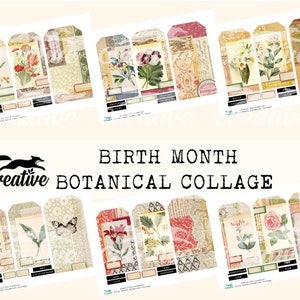 Collage botanique du mois de naissance, étiquettes et papiers superposés, kit numérique DIGI23 02