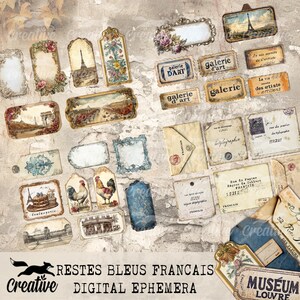 May include: A digital paper pack with vintage French-themed illustrations. The pack includes images of Parisian landmarks, architectural details, and text in French. The images are in a blue and brown color scheme.