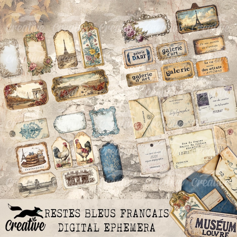 May include: A digital paper pack with vintage French-themed illustrations. The pack includes images of Parisian landmarks, architectural details, and text in French. The images are in a blue and brown color scheme.