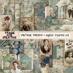 以下が含まれることがあります： ヴィンテージスタイルのデジタルジャーナルキットの要素のコラージュ。青、ベージュ、茶色の色合いで、花柄、肖像画、古紙のテクスチャが特徴です。「VINTAGE FRESCO - digital journal kit」のテキストが表示されています。