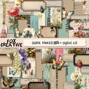 Puede incluir: Un kit digital con un collage de efímeras vintage, con mariposas, flores, insectos y elementos botánicos. El diseño incluye etiquetas, notas manuscritas y el texto "FOX CREATIVE" y "QUICK MAKES 2026 - digital kit".
