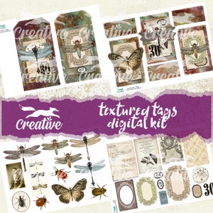 May include: A digital kit of textured tags with a vintage aesthetic. The kit includes various images of butterflies, dragonflies, beetles, and other insects, as well as frames, numbers, and other decorative elements. The kit is perfect for scrapbooking, card making, and other crafting projects.