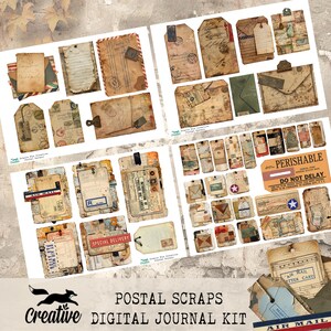 May include: A digital journal kit with vintage postal themed scrapbook paper, tags, and labels. The kit includes images of envelopes, stamps, and airmail labels. The text "POSTAL SCRAPS DIGITAL JOURNAL KIT" is at the bottom of the image.