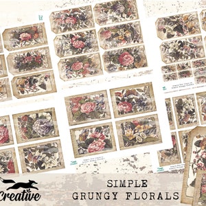Op de afbeelding: Een set van 20 digitale, afdrukbare bloemetiketten met een grunge-esthetiek. De etiketten bevatten verschillende bloemmotieven met vlinders en een vintage uitstraling. De etiketten zijn perfect om een vleugje rustieke charme aan je projecten toe te voegen.