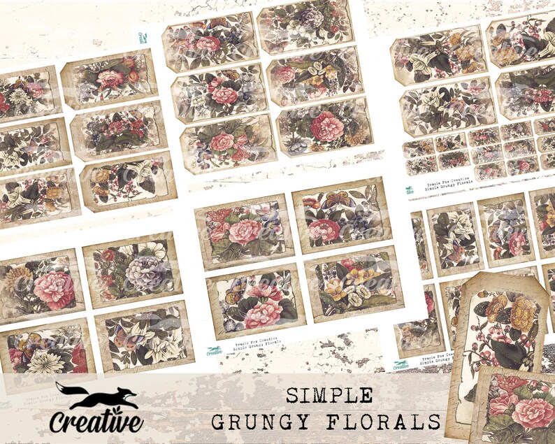 Op de afbeelding: Een set van 20 digitale, afdrukbare bloemetiketten met een grunge-esthetiek. De etiketten bevatten verschillende bloemmotieven met vlinders en een vintage uitstraling. De etiketten zijn perfect om een vleugje rustieke charme aan je projecten toe te voegen.