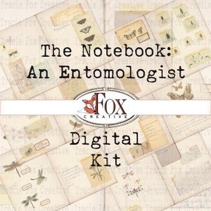 Op de afbeelding: Een digitale kit voor scrapbooking of knutselen met een vintage ontwerp met de tekst "The Notebook: An Entomologist" en een voslogo met de tekst "Fox Creative". De kit bevat afbeeldingen van insecten, vlinders en andere natuurthema's.