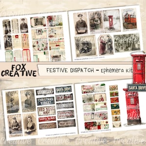 May include: A collage of vintage-style Christmas ephemera, including postcards, envelopes, and street signs. The text "Festive Dispatch - Ephemera kit" is displayed. The color palette includes red, green, and sepia tones, evoking a nostalgic holiday theme.