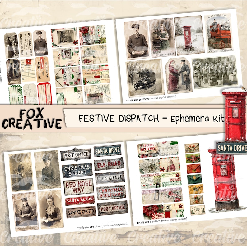 May include: A collage of vintage-style Christmas ephemera, including postcards, envelopes, and street signs. The text "Festive Dispatch - Ephemera kit" is displayed. The color palette includes red, green, and sepia tones, evoking a nostalgic holiday theme.