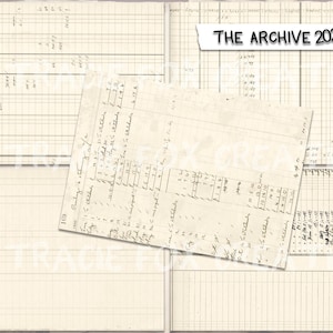 May include: A collage of aged ledger pages with handwritten notes and tables. The text "THE ARCHIVE 2025" is displayed on a torn paper banner. The background features a grid pattern.