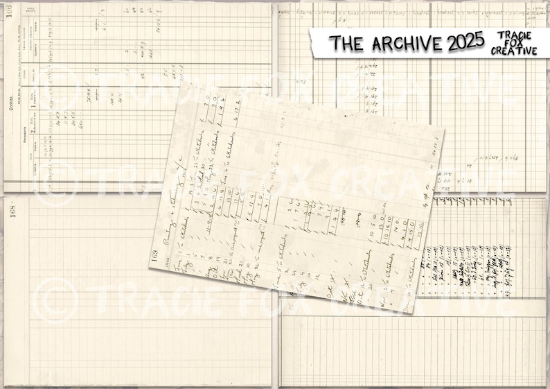 May include: A collage of aged ledger pages with handwritten notes and tables. The text "THE ARCHIVE 2025" is displayed on a torn paper banner. The background features a grid pattern.
