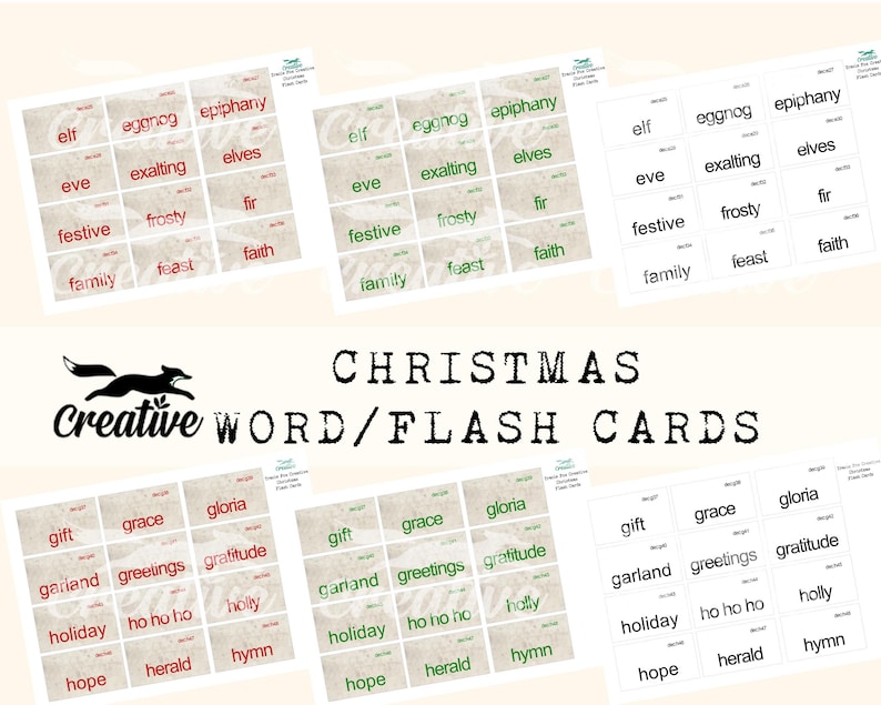 Może przedstawiać: Zestaw do druku kart z wyrazami świątecznymi z beżowym tłem i zielonym i czerwonym tekstem. Słowa obejmują "elf", "eggnog", "epiphany", "eve", "exalting", "elves", "festive", "frosty", "fir", "family", "feast", "faith", "gift", "grace", "gloria", "garland", "greetings", "gratitude", "holiday", "ho ho ho", "holly", "hope", "herald", "hymn".