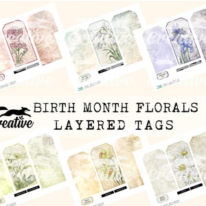 Fleurs du mois de naissance, étiquettes superposées, kit numérique DIGI23 01