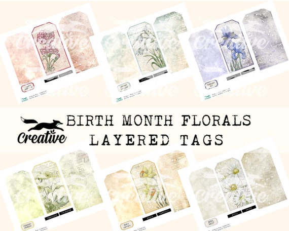 BIRTH MONTH FLORALS, Layered Digital Tags, Journal/Scrapbook Printable, Digital Kit DIGI23 01