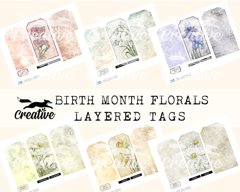 May include: Layered printable tags featuring floral designs for each month of the year. The tags are in a vintage style with a distressed background and text.  The text on the tags includes the month and the name of the flower.