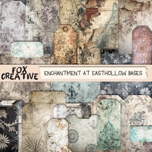 Könnte beinhalten: Eine Sammlung von Papieranhängern und Hintergründen im Vintage-Stil mit einem verwitterten, gealterten Aussehen. Die Farbpalette umfasst gedämpfte Töne von Beige, Grau und Türkis, mit floralen und abstrakten Mustern. Der Text "FOX CREATIVE" und "ENCHANTMENT AT EASTHOLLOW BASES" ist sichtbar.