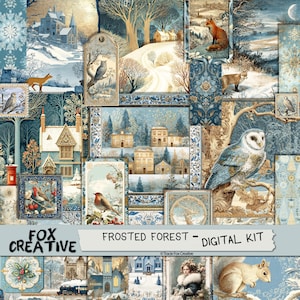 May include: A digital kit titled "Frosted Forest" by Fox Creative. The image is a collage of winter-themed illustrations in shades of blue, beige, and white. It features owls, foxes, houses, and winter landscapes. The text "DIGITAL KIT" is also visible.