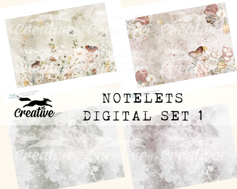 May include: A digital set of four notelet designs featuring a vintage floral pattern with butterflies and a distressed background. The text "NOTELETS DIGITAL SET 1" is printed in black.